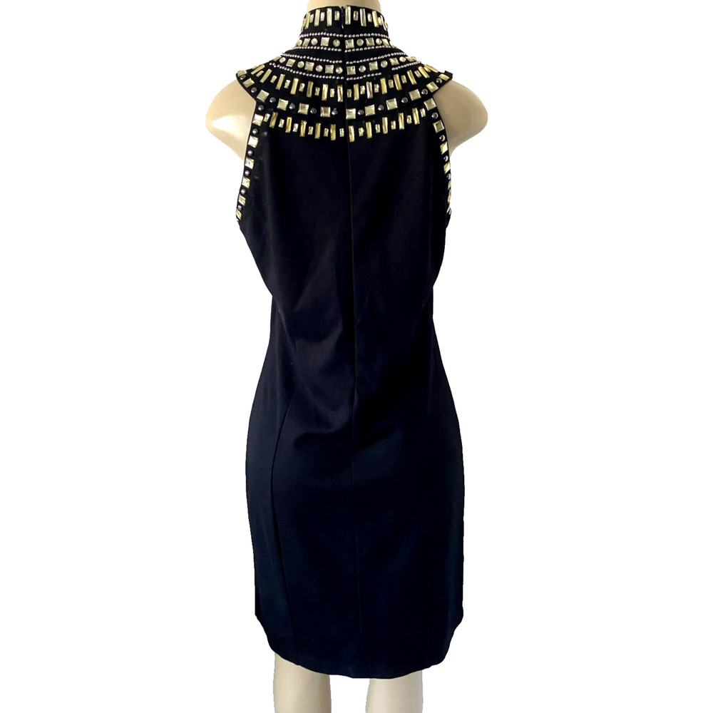 Grayse Black Dress Mock Neck Rhinestone Bead Gold Sheath Knit Sleeveless Mini L - Picture 4 of 11